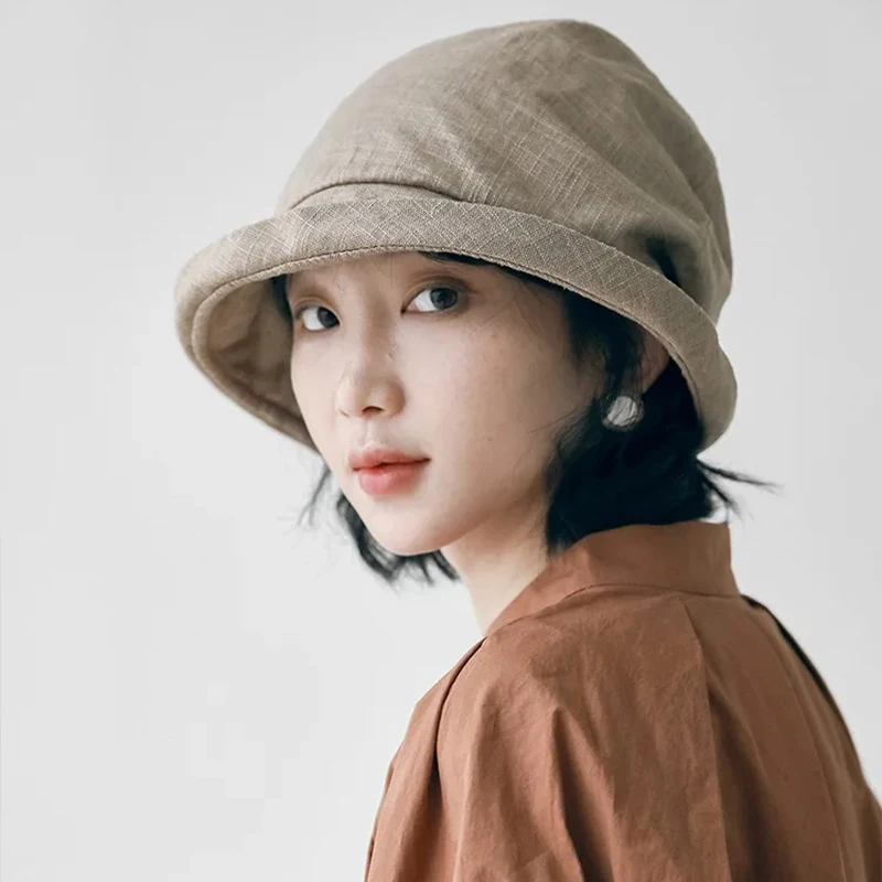 Japanese Cotton Linen Pleated Women Fisherman Hat Fashion Retro Small Brim Summer Uv Resistant Basin Hat Wrapped Head Berets Hat