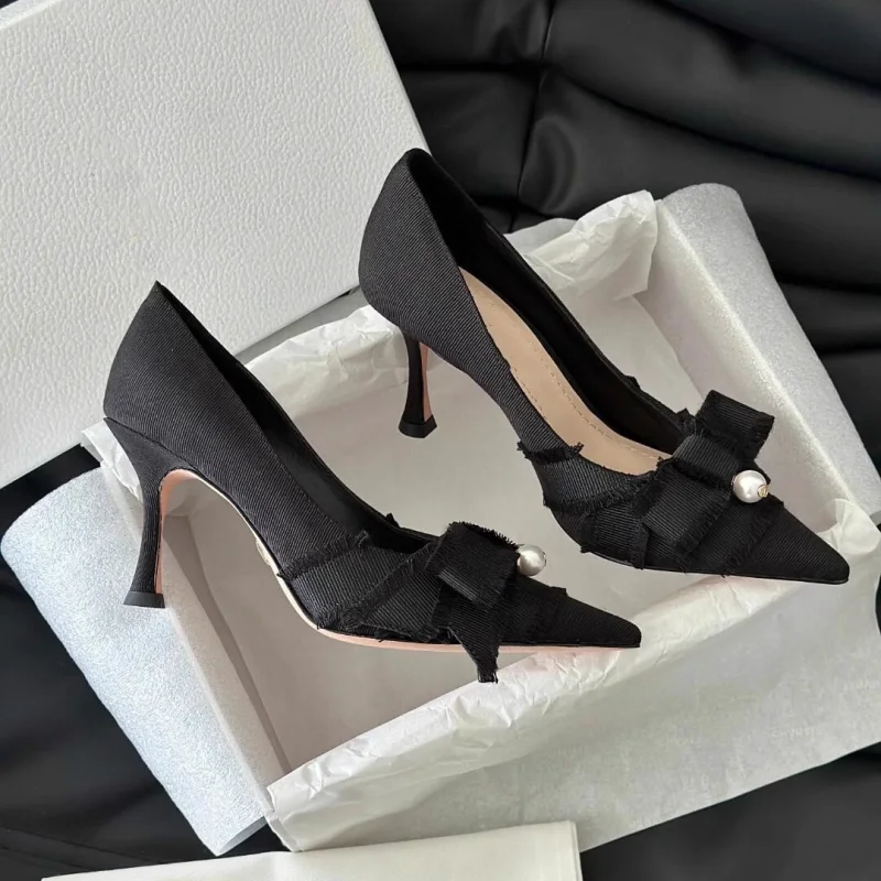 

New Black Bow Pumps Pearl Decor Pointed High Heels Fashion Denim Slip On Summer Women Casual Party Dress Stiletto Daily Shoes