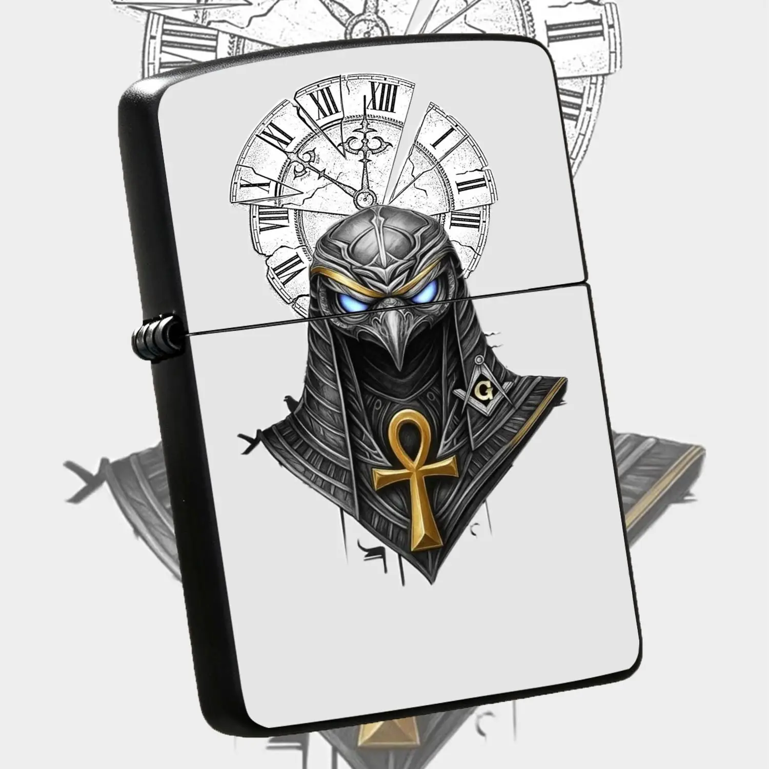 Vintage Egyptian Horus Themed Lighter Striking Blue Eyes Design With Ankh Symbol Broken Clock Elements Stylish Decor Accessory For Daily Commute Outdoor Activities Ideal Unique Gift For Friends And Hobbyists For All Scenarios A Humorous And
