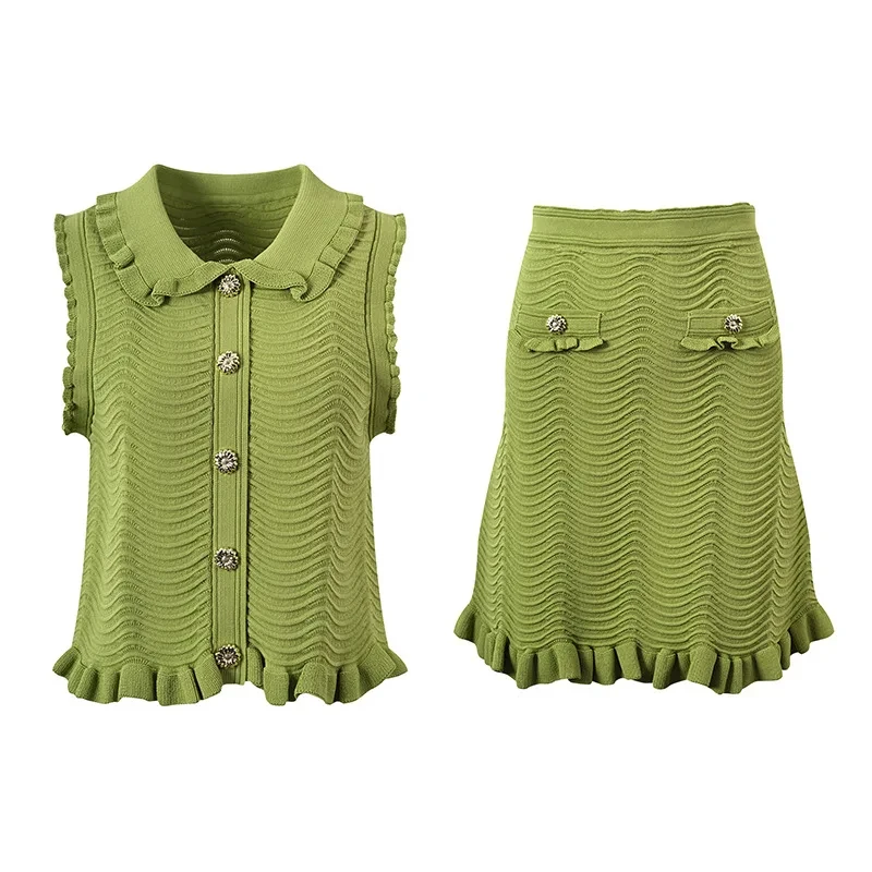 

2024 Spring Summer Designed Ruffles Suit Turn-down Collar Single-breasted Sleeveless Tops A-line Skirt Women Knit 2Pcs