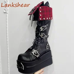Round Toe Thick Sole Women Boots Mixed Color Fashion Belt Buckle Cross Tied Height Increasing Autumn Women Shoes New Arrivals