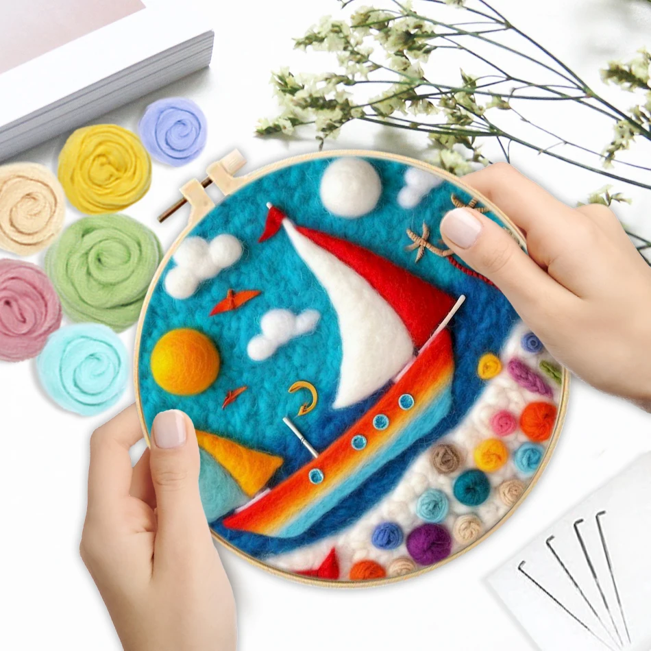 

GATYZTORY Sailboat Pattern Wool Felting Painting Needle Felting Starter Kit Flowers Diy Crafts Felt Tool instruction