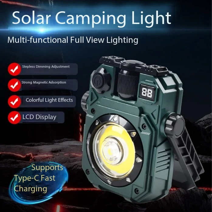 New LED Solar Camping Camping Lamp Multi-light Source Waterproof Magnetic Type-c Rechargeable COB Work Lamp