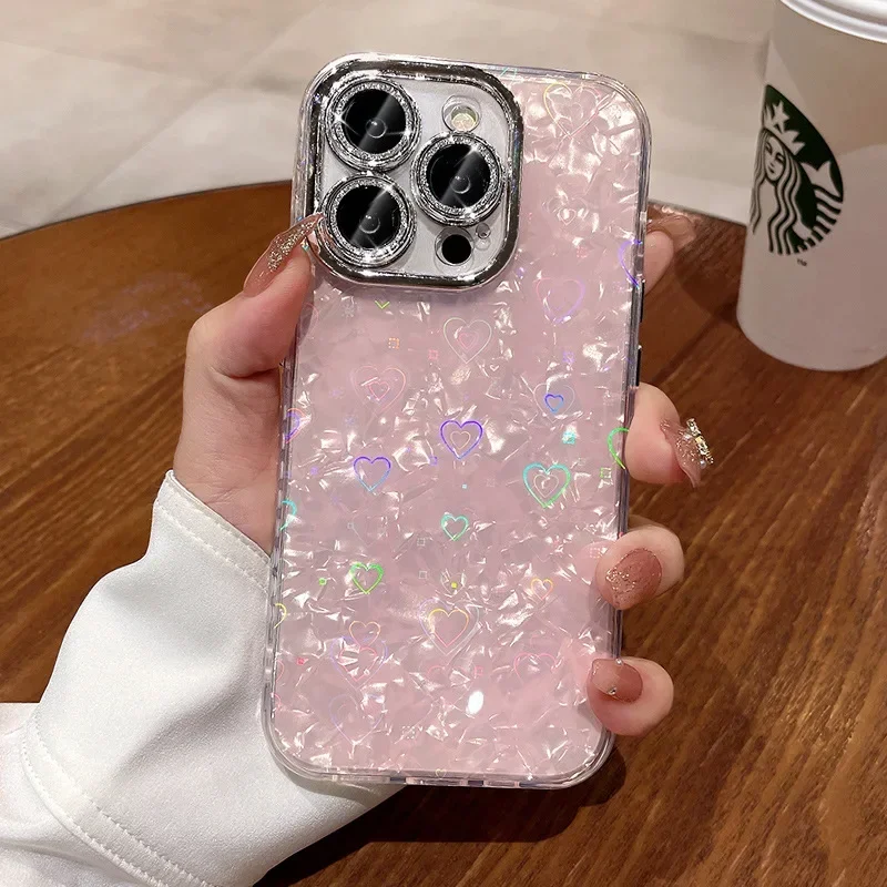 Laser Heart Pattern Phone Case For iPhone 15 14 13 12 11 Pro Max Plus Cases Silicone Shockproof Hard Cover for Woman Girl