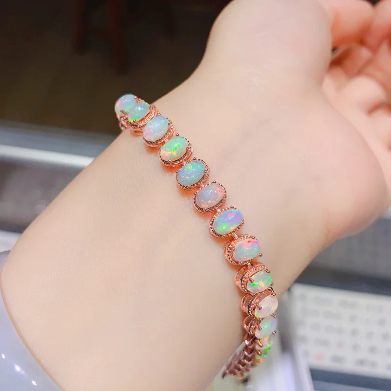 YULEM Natural Opal Simple Bracelet 925 Sterling Silver Colorful Stone Bangle for Women Fine Wedding Jewelry Charms Bracelet