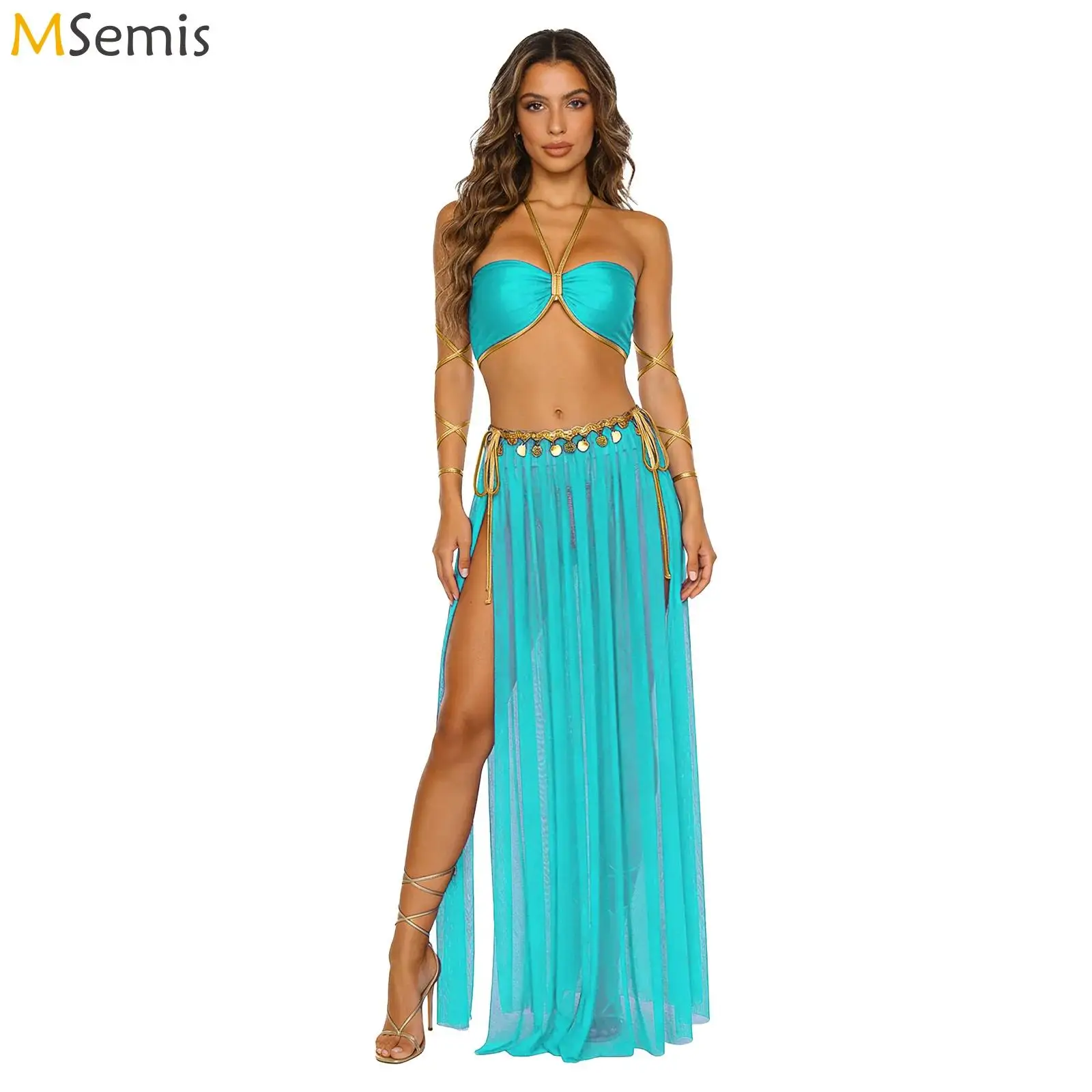 

Женский костюм для восточных танцев в стиле Клеопатры: укороченный топ с пайетками, бахромой и боковым разрезом, сетчатая юбка, блестящие металлические трусики