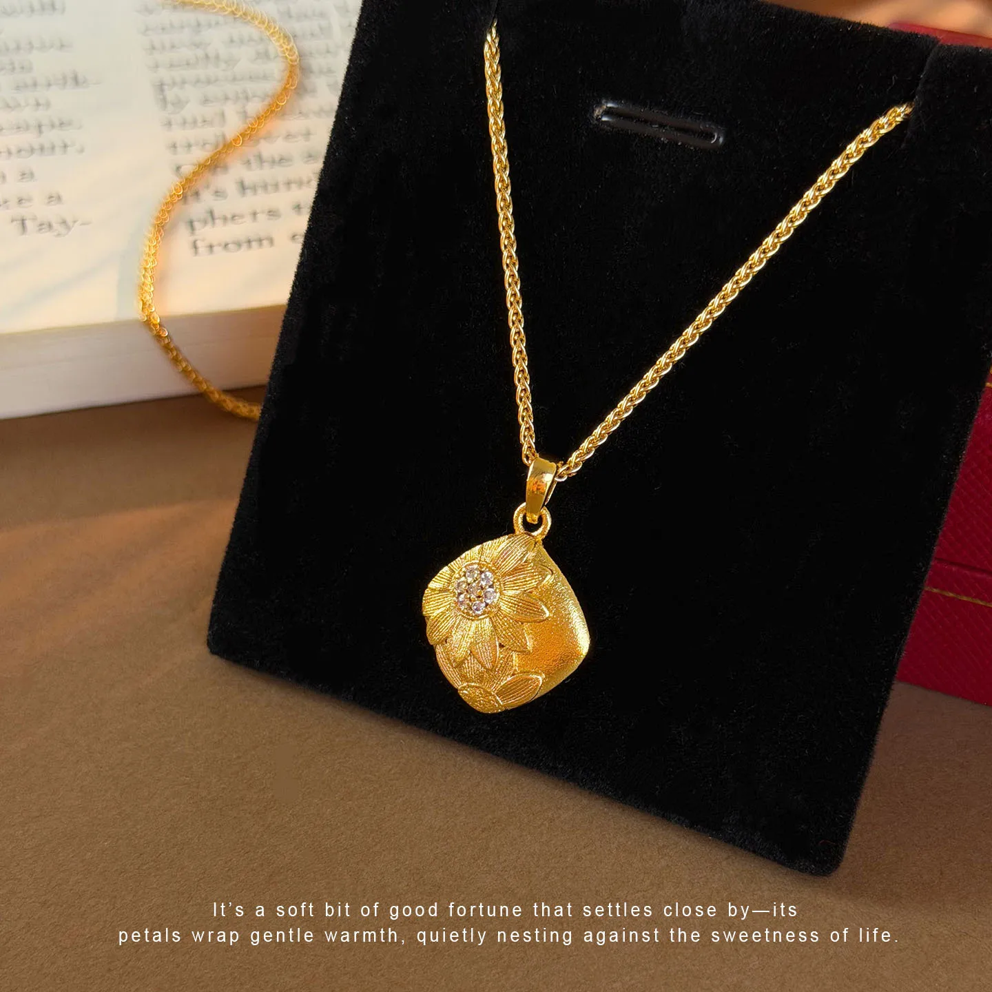 Luxury 24K 9999 Pure Gold real gold Gold shop with drill brushed sunflower square pendant necklace