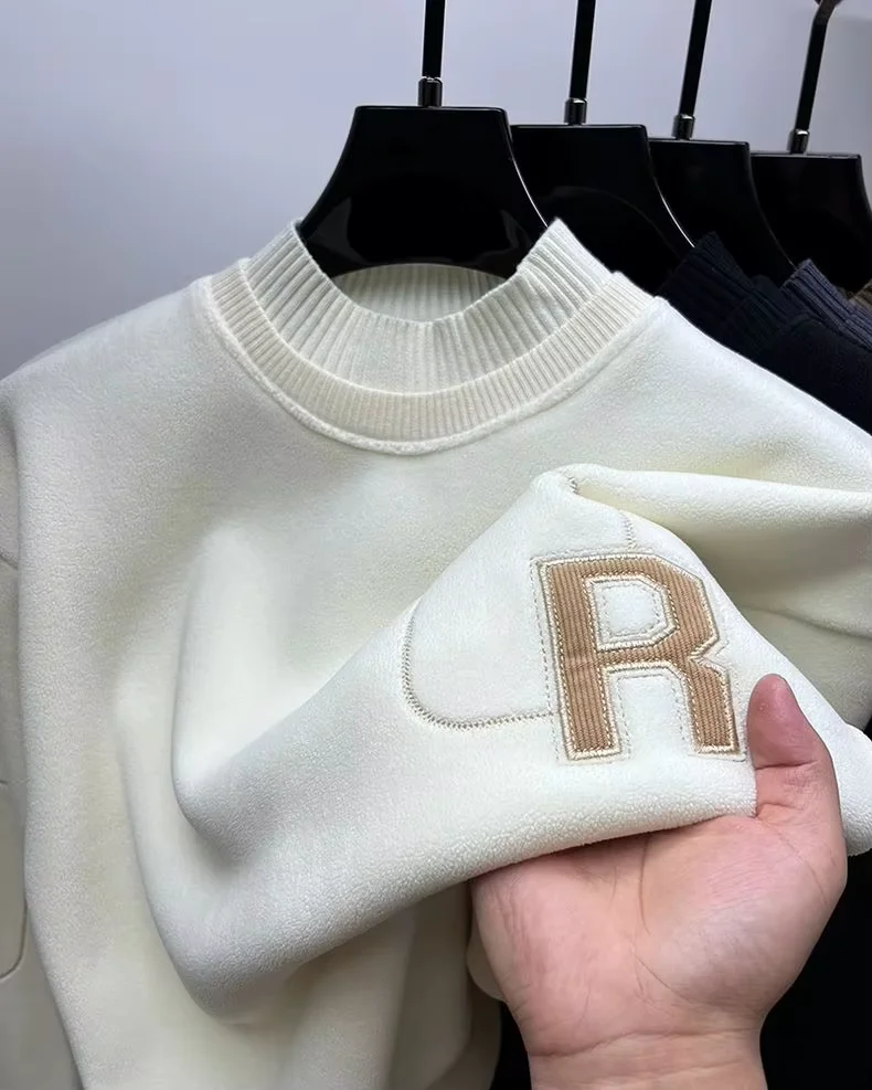 Premium man round neck sweater autumn winter fashion personalized collar letter embroidery design top warm thick casual pullover