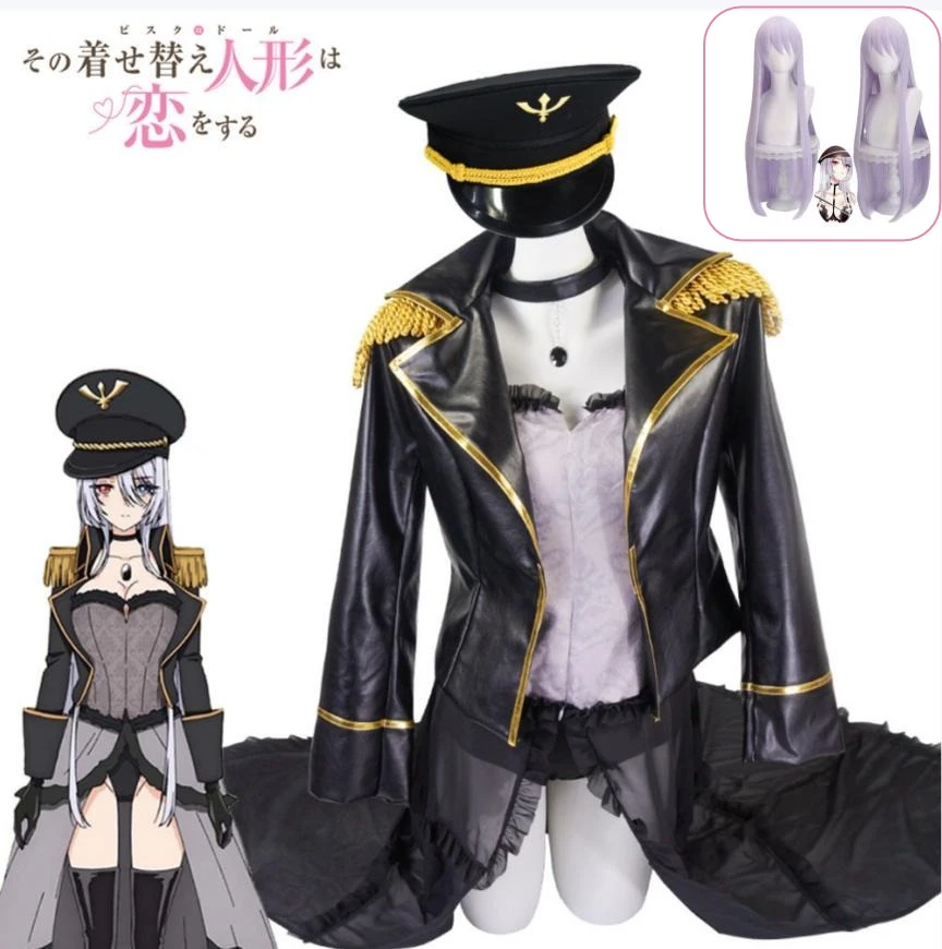 

My Dress-Up Darling Kitagawa Marin Cosplay Costume Black Cool Sexy Derss Lobelia Military Uniform and Wig Hat Full Set