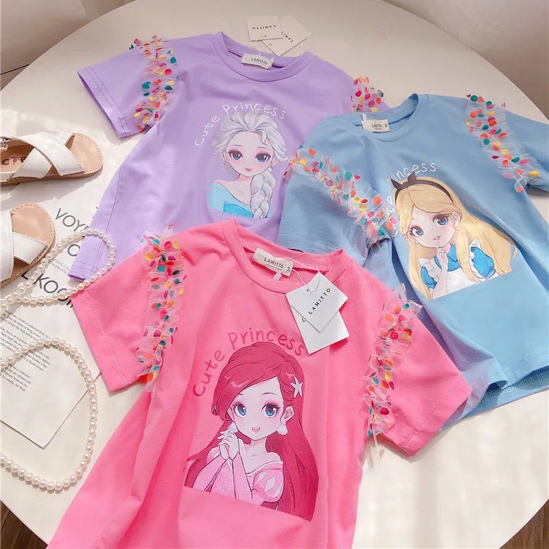 Fashionable Cartoon Princess Polka Dot Mesh Half Sleeved Skirt For Girls Short Sleeved T-shirt Skirt Top Summer Dress