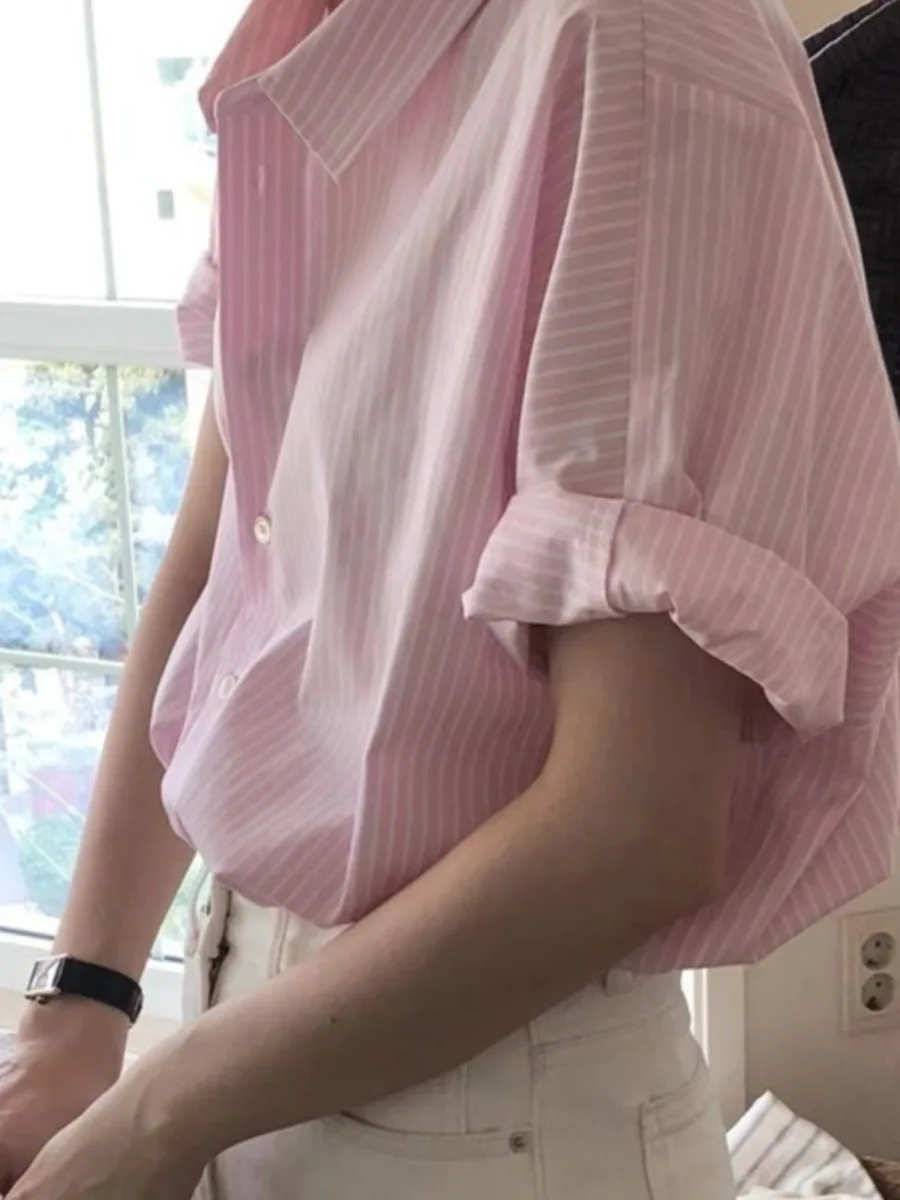 Coréen Sle coupe ample ort Sve rayé irt femmes été col mince Protection solaire haut léger respirant Blouse