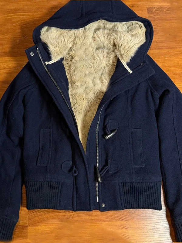 

Original American Retro Design Blue Hooded Jaet Women's Autumn Winter Ele Versatile High-End Feel Outerwear