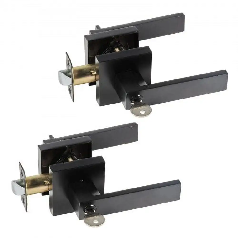 Entry Lever Door Handle, 2 PCS Black Entry Knob, Lock and Key Locking Lever Set, Contemporary Square Door Lever, Reversible