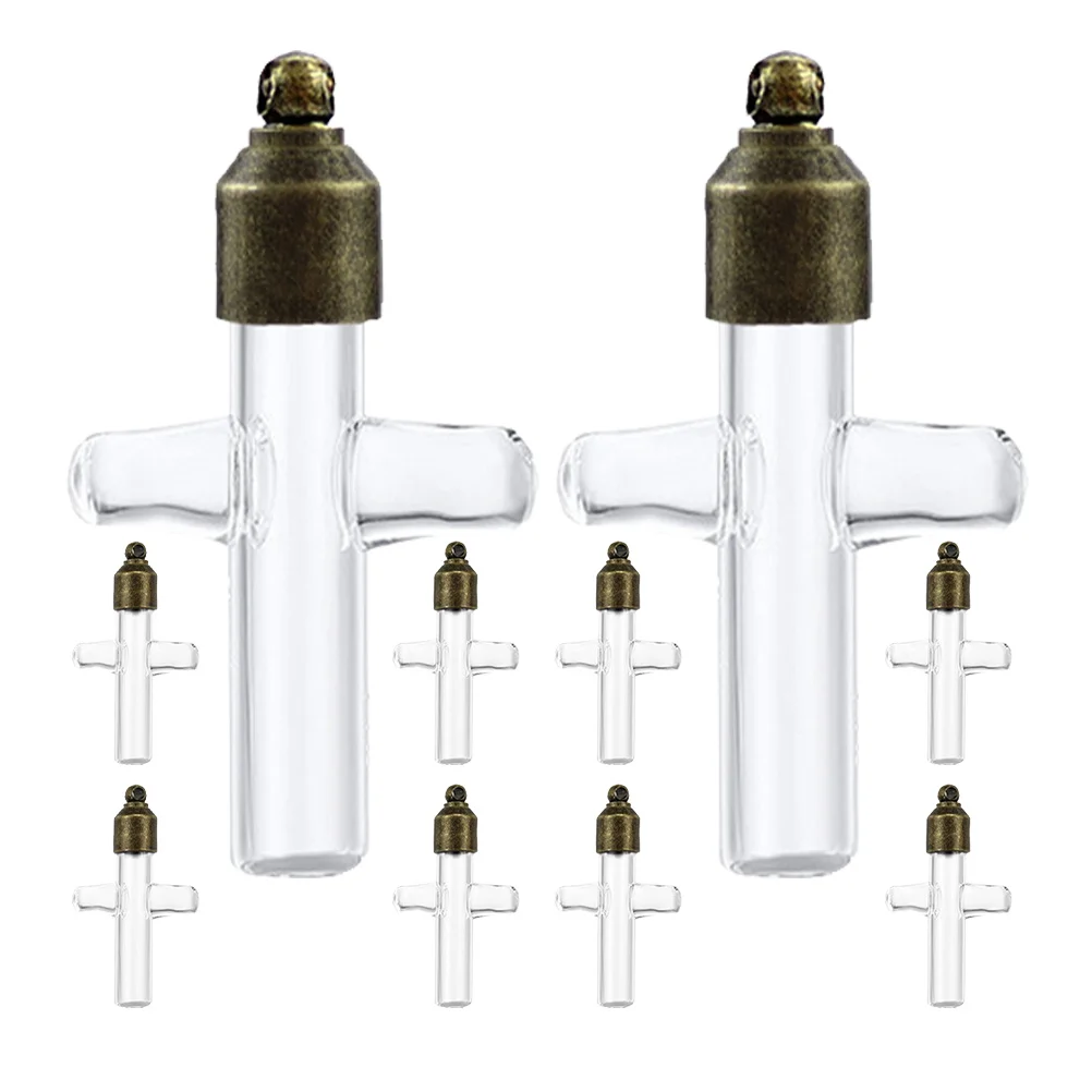 

1Set Glass Bottle Pendant Cross Shape Mini Wish Bottles for Romantic Gift Ideas Iron and Glass Material Tiny Vial Necklaces