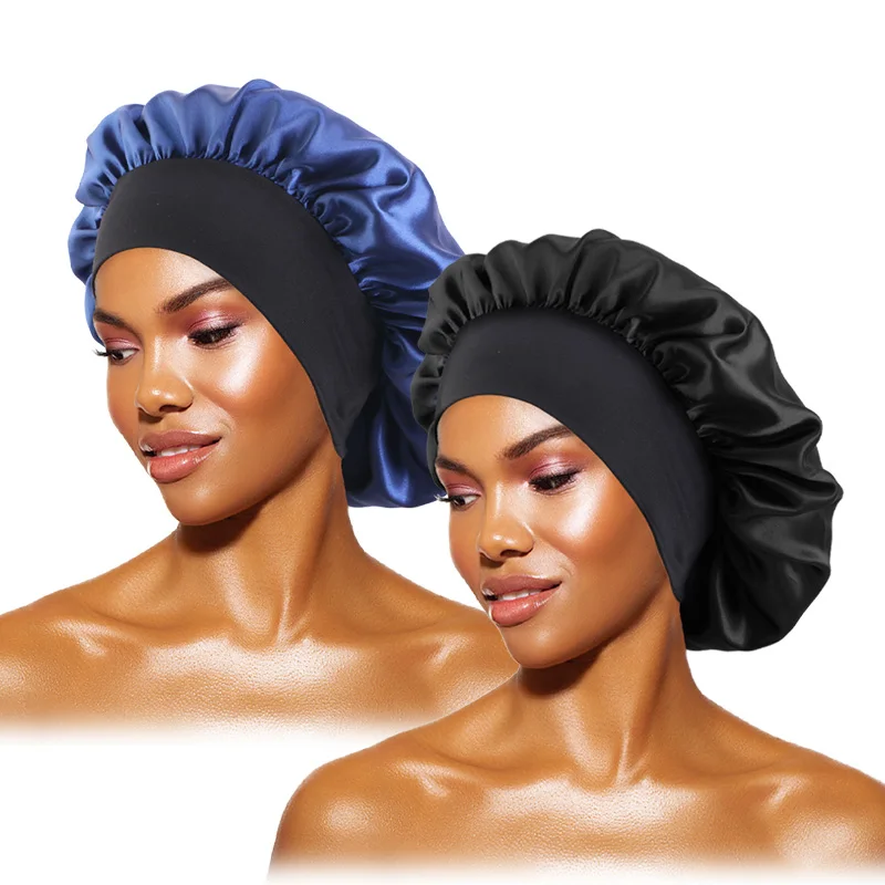 Dames Satijn Effen Mutsen Breedgerande Nachtrust Badmuts Unisex Hoofdwikkel Elastische Band Cap Haarverzorging Motorkap - afbeelding 1