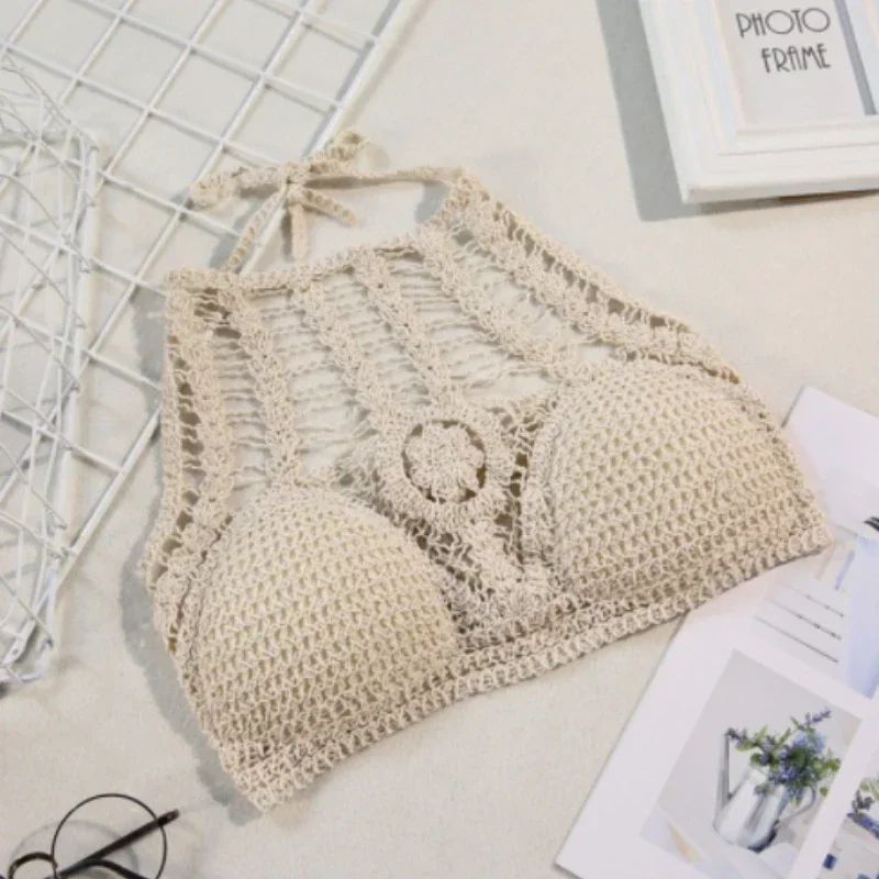 2024 Sexy Beach Holiday Camisole Halter Women Crochet Knit Swimsuit Bra Backless Vest Hollow Tassel Tank Top Women's Crop Tops