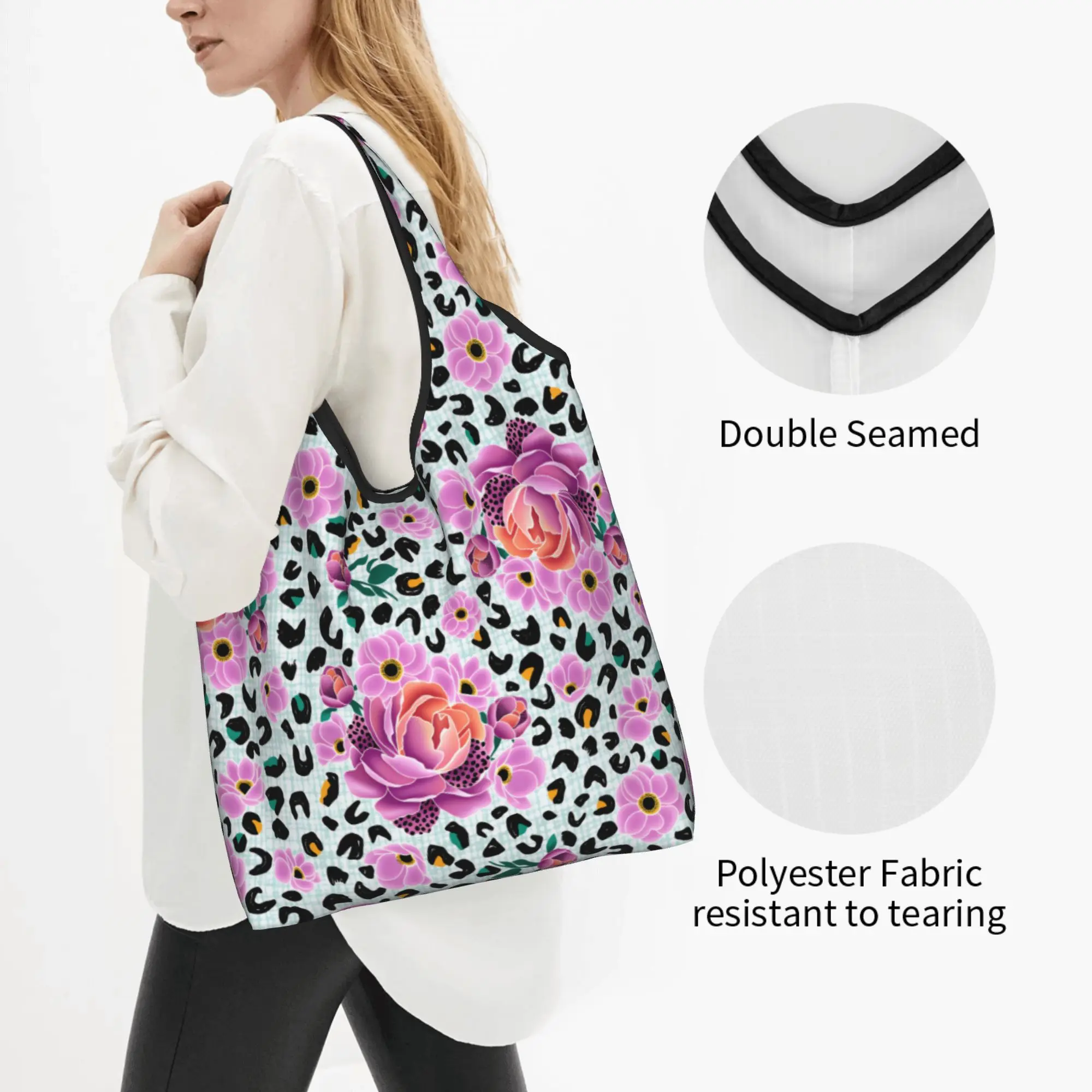 Reusable Floral and Leopard  Shopping Bag Women Tote Bag Portable Wild Bloom Magenta Groceries Shopper Bags