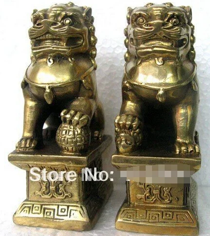 

free shipping Chinese Foo Dog Lion Fu Bronze Statue Pair Figurines Feng Shui Items Oriental sz:11x6x8.3cm