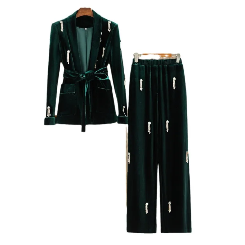 HKSH ربيع الخريف جديد المرأة قطعتين مجموعة المخملية مطرز حزام السترة مرونة الخصر بنطال ذو قصة أرجل واسعة الاتجاه الأنيق دعوى HK14479