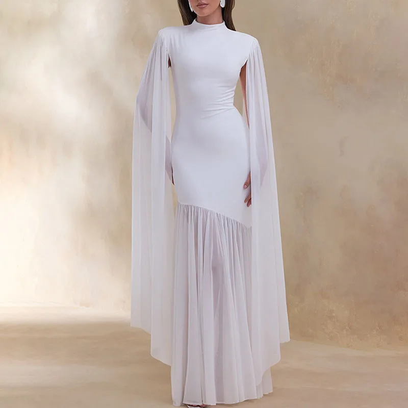 

Summer Slim Hem Long Dress Fashionable O Neck Splicing Mesh Pleated Maxi Dress Women Spring Slit Cloak Sleeves Hollow Prom Dress