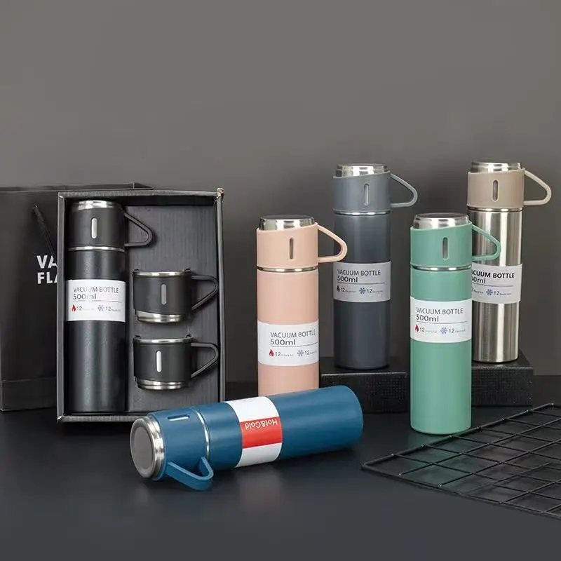 Stainless steel insulated cup, double-layer vacuum water bottle, high insulation and cold retention, one cup with three lids