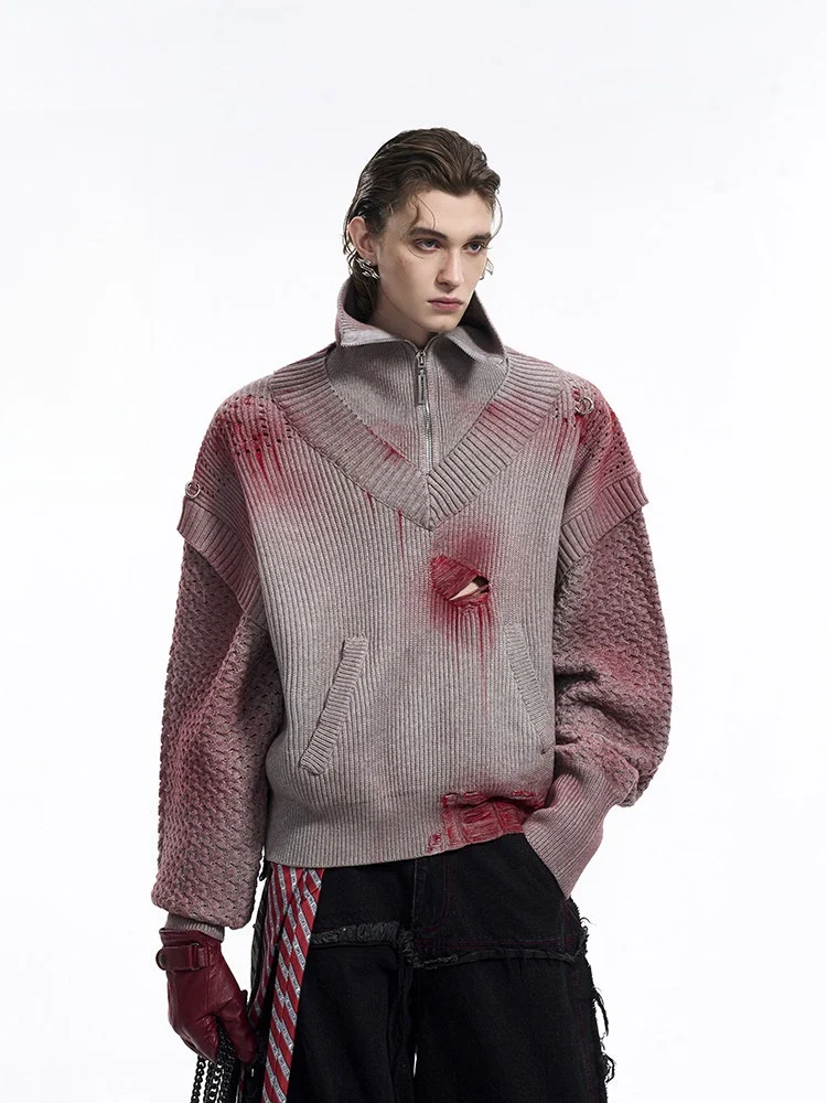 

Винтажный мужской вязаный свитер-жакет с эффектом двухслойности, расписанный спреем, осенне-зимний, утепленный, повседневный, с V-образным вырезом, для защиты от холода