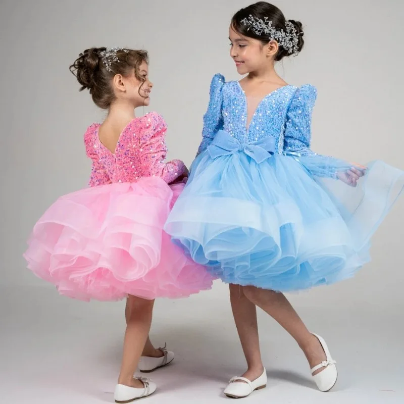 Girls Red Long Sleeve Party Dress Children Princess Ball Gown Piano Recital Fashion Show Host Birthday Pageant New Formal Wear
