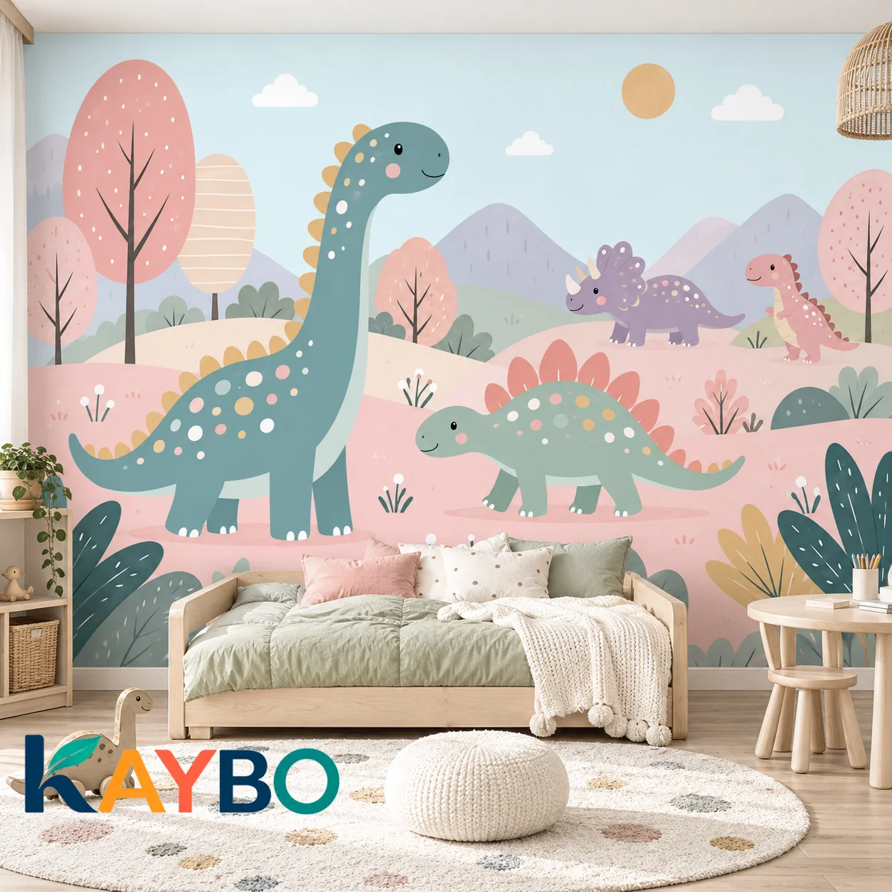 Dinosaur Wall Mural Fun Pastel Cartoon Brachiosaurus Stegosaurus Nursery Wallpaper Kids Bedroom Playroom Decor Non Self Adhesive