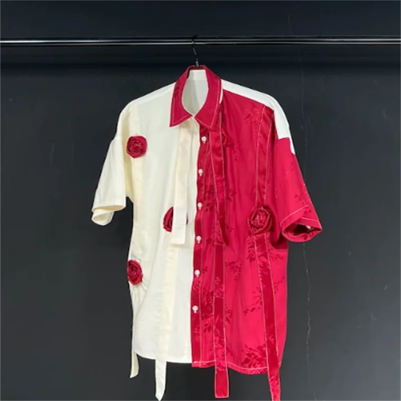 2024 new vintage national style life red splicing short-sleeved shirt personality loose summer shirt