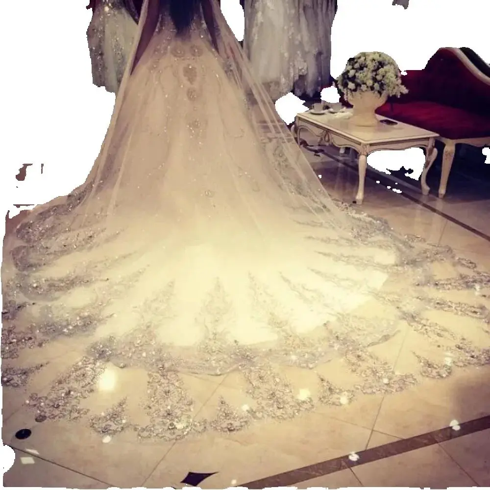 Bling Bling Crystal Cathedral Bridal Veils Luxury Long Applique Beaded Custom Made High Quality Wedding Veils 3M/4M/5M