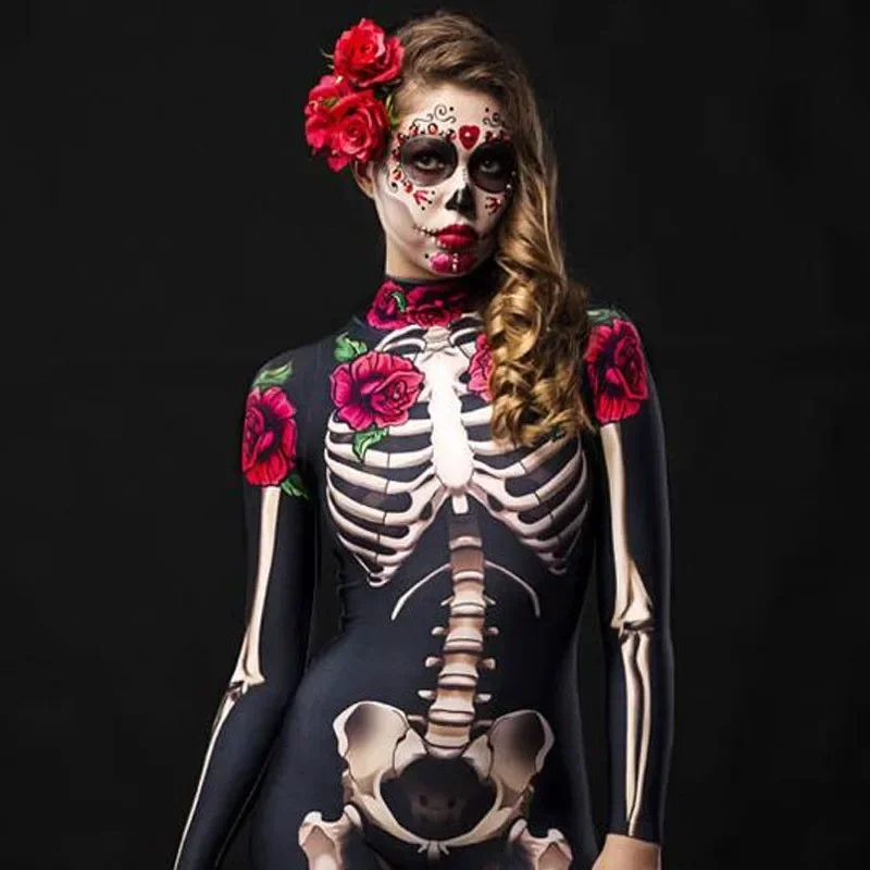 Rosa esqueleto adulto crianças assustador traje de halloween vestido cosplay sexy macacão carnaval festa bebê menina macacão dia dos mortos