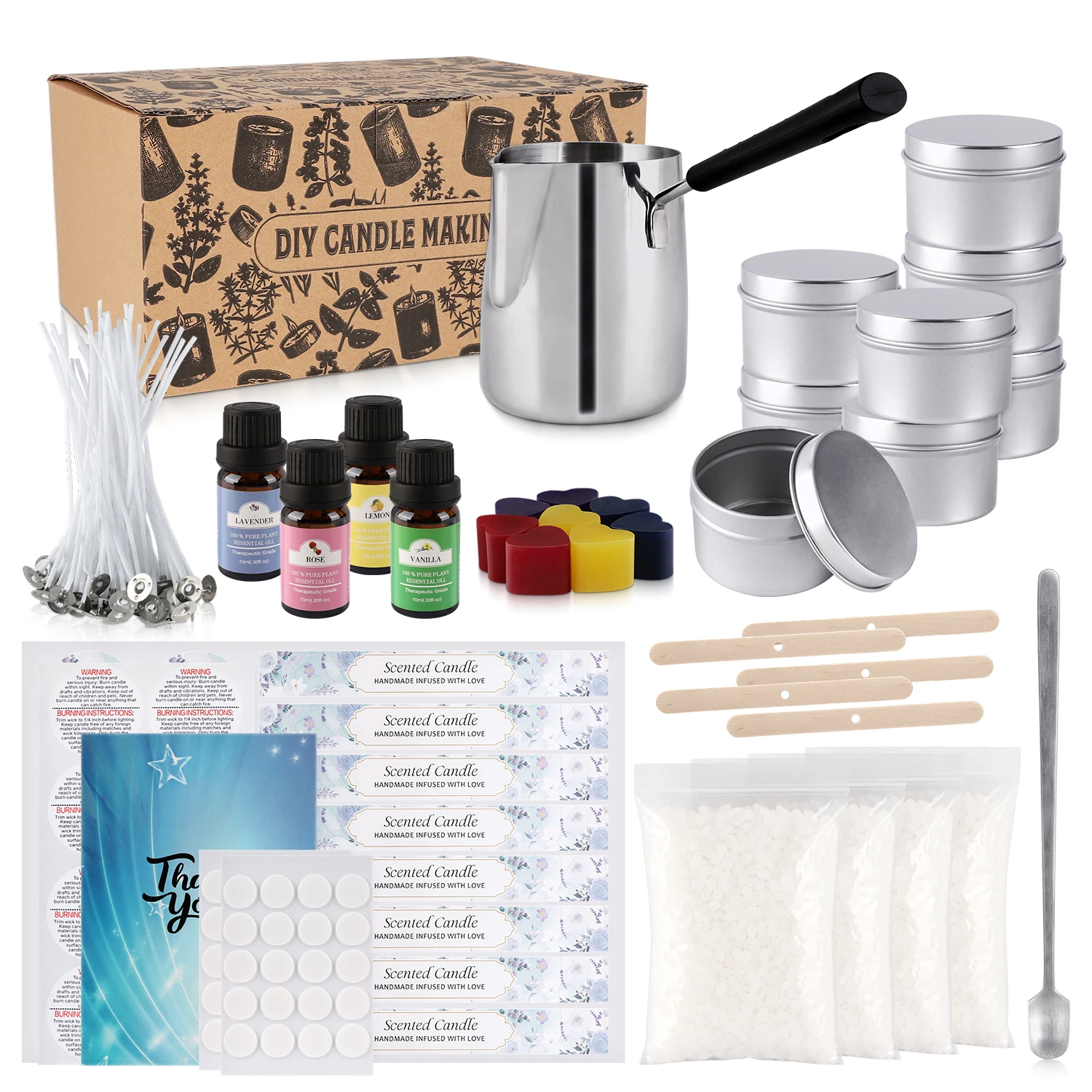 

Long-Handled Wax Cup Aromatherapy Candle DIY Making Set, with Stickers, Silver Tin Can, High-Quality Soy Wax, 4 Scented Essential Oils, Handmade, Holiday Gifts