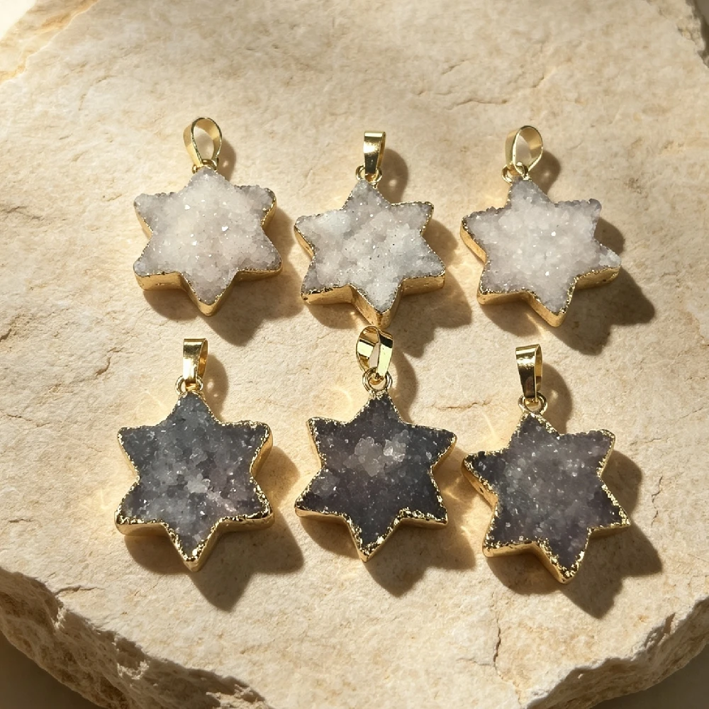 Hexagram Druzy Crystal Charms Raw Geode Slice Natural Mineral Single Loop Golden Plated Bezel DIY Fitting P2D1062