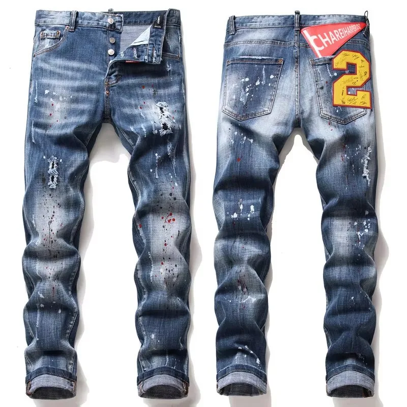 Plus size Jeans men's Chareharper dsq1066 tatters splash paint men's slim ripped badge Stretch jeans retro high-end men's pants