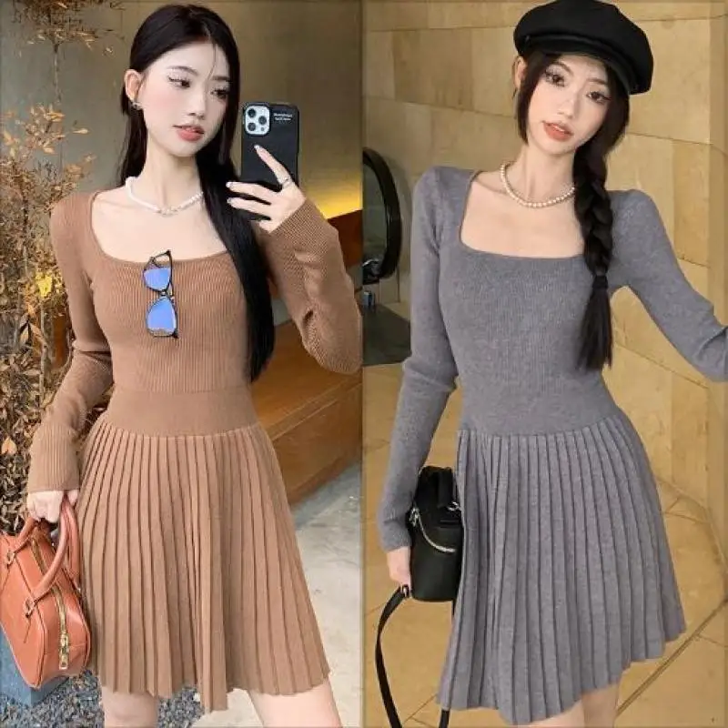 French Style Knitted Dress Women Square Neck Slim Casual A-line Mini Dress