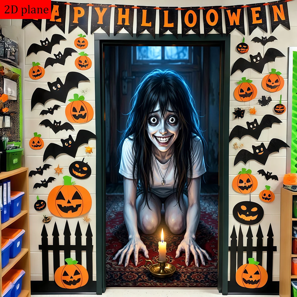 creepy girl candle kneeling dark - room scary expression Door frame decoration with high elasticity elastic band