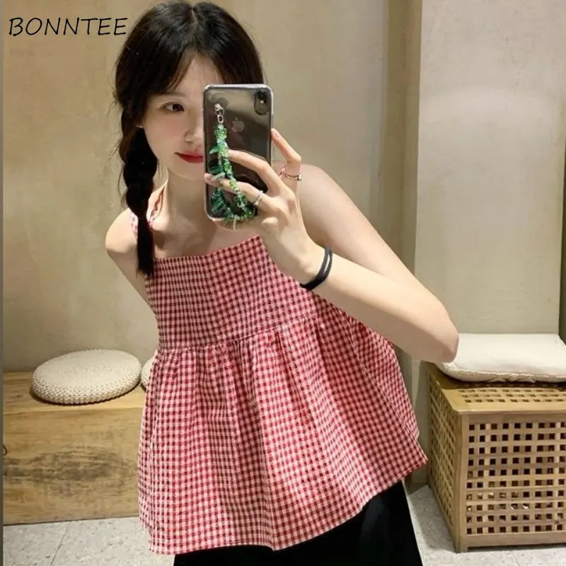 Red Plaid Camis Women Kawaii Age-reducing Female Casual Harajuku Bandage Popular Korean Style Gentle Graceful Summer Loose Tops