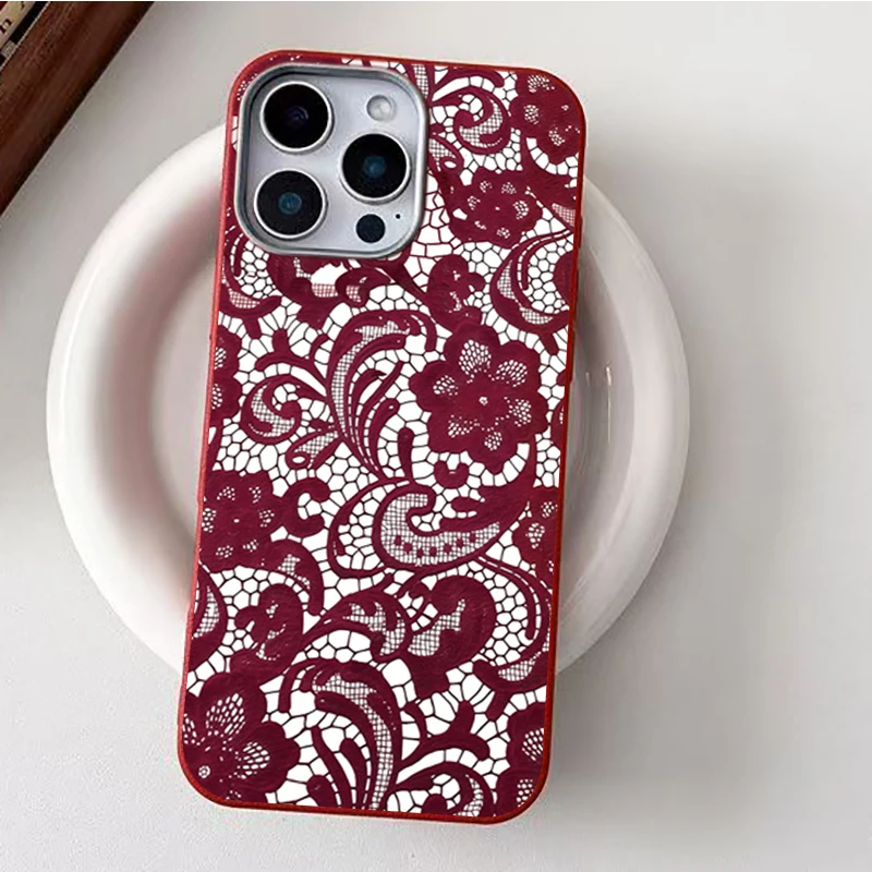 Red Lace Trendy Pattern Soft TPU Phone Case For iPhone 17 16 15 14 Pro Max Air 13 12 11 XS XR X 7 8 Plus 16e Shockproof Cover view 2