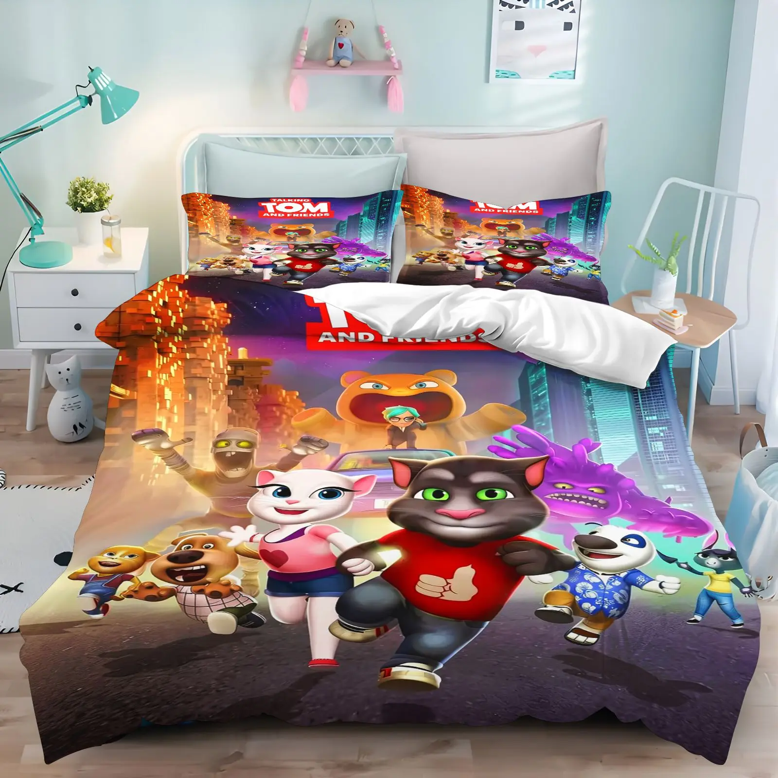Talking Tom and Friends Duvet Cover Set 3Pcs Cartoon Tom Angela Full Character Print Kids Bedding Bedroom Pillowcases