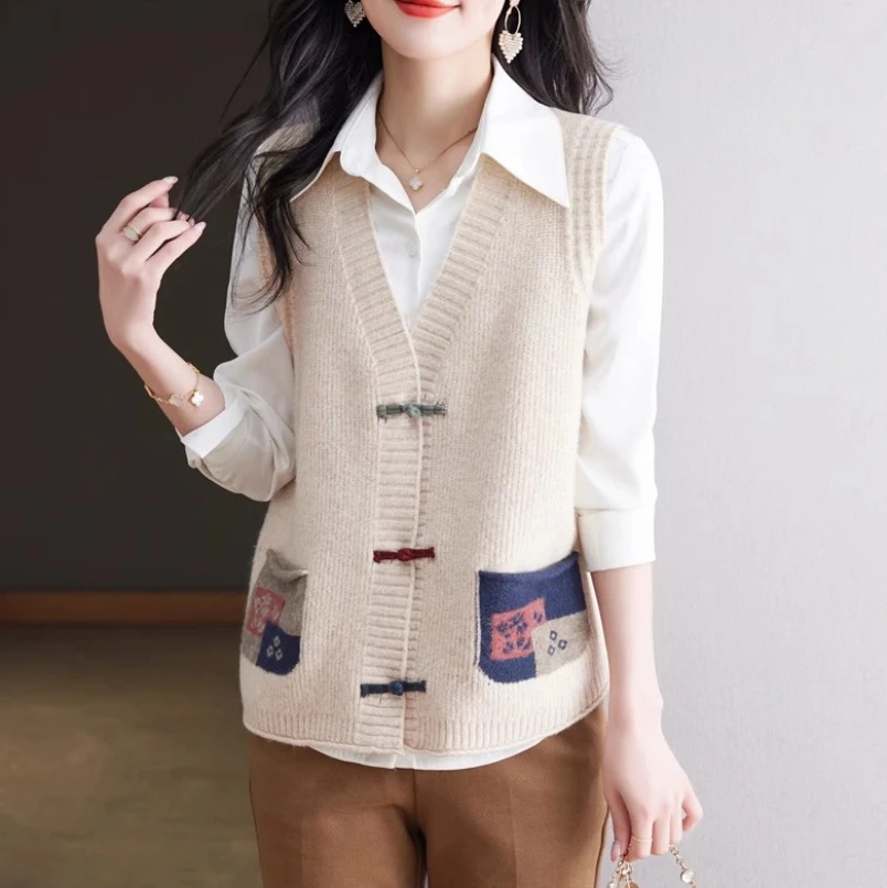 เสื้อคาร์ดิแกนคอวีถักแบบเวสต์สำหรับผู้หญิง ฤดูใบไม้ผลิและฤดูใบไม้ร่วงปี 2025 แฟชั่นเกาหลีใหม่ สไตล์ลำลอง เสื้อผู้หญิง