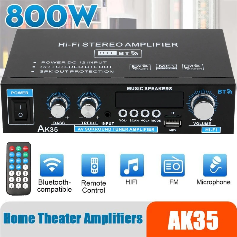 Amplificateur numérique 800W AK-55/AK45/AK35/AK380 Amplificateurs de cinéma maison Puissance Bluetooth Hifi FM USB Auto Musique Subwoofer Hautréus