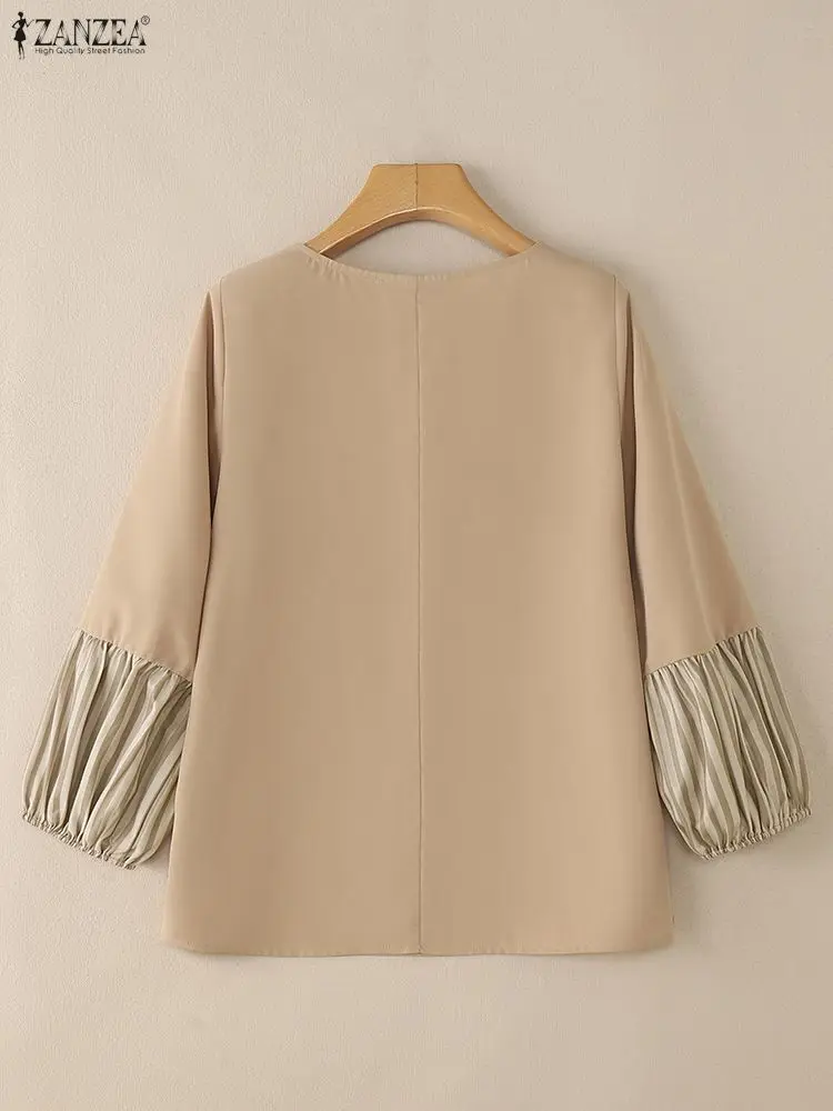 بلوزة خريف 2025 من ZANZEA بلوزات نسائية أنيقة بياقة دائرية وأكمام طويلة بلوزات نسائية للعمل OL قميص فضفاض غير رسمي مُزين بقطع القماش