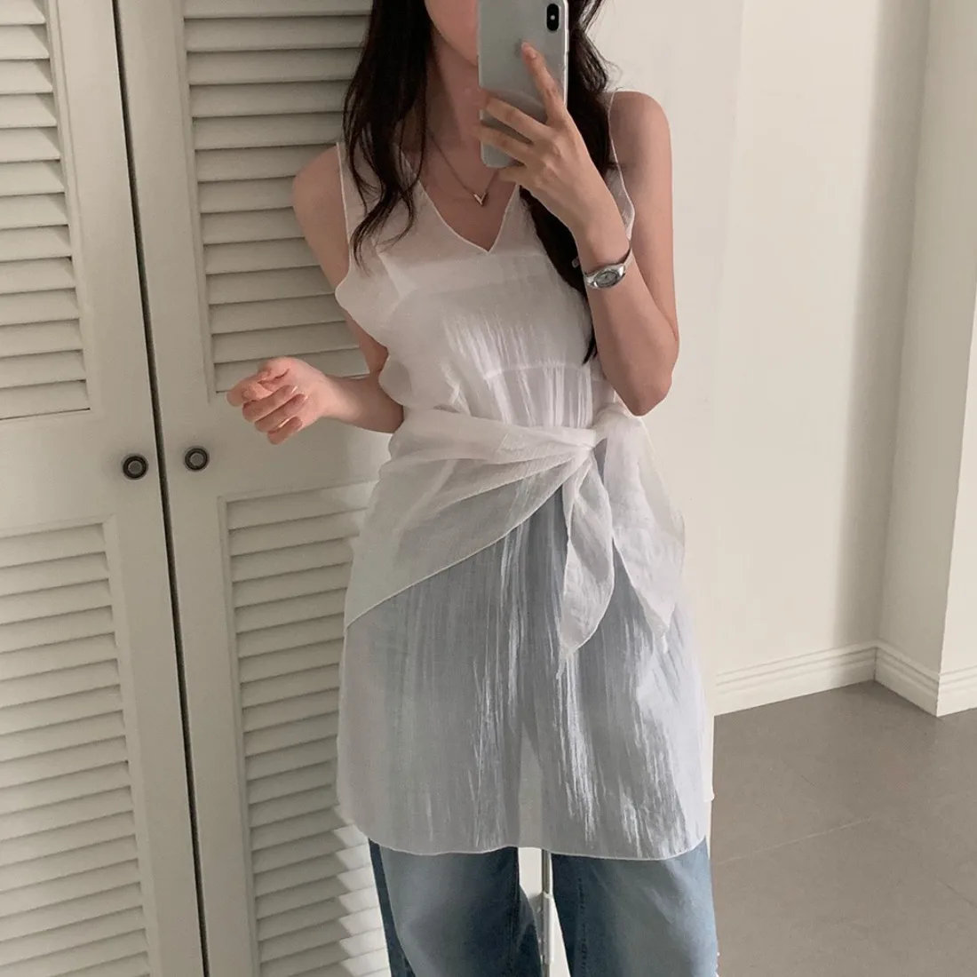 

Casual V-ne Pleated e Scarf Svel Vest Dr Two-piece Set Women's Faion Spring Summer Design Sense