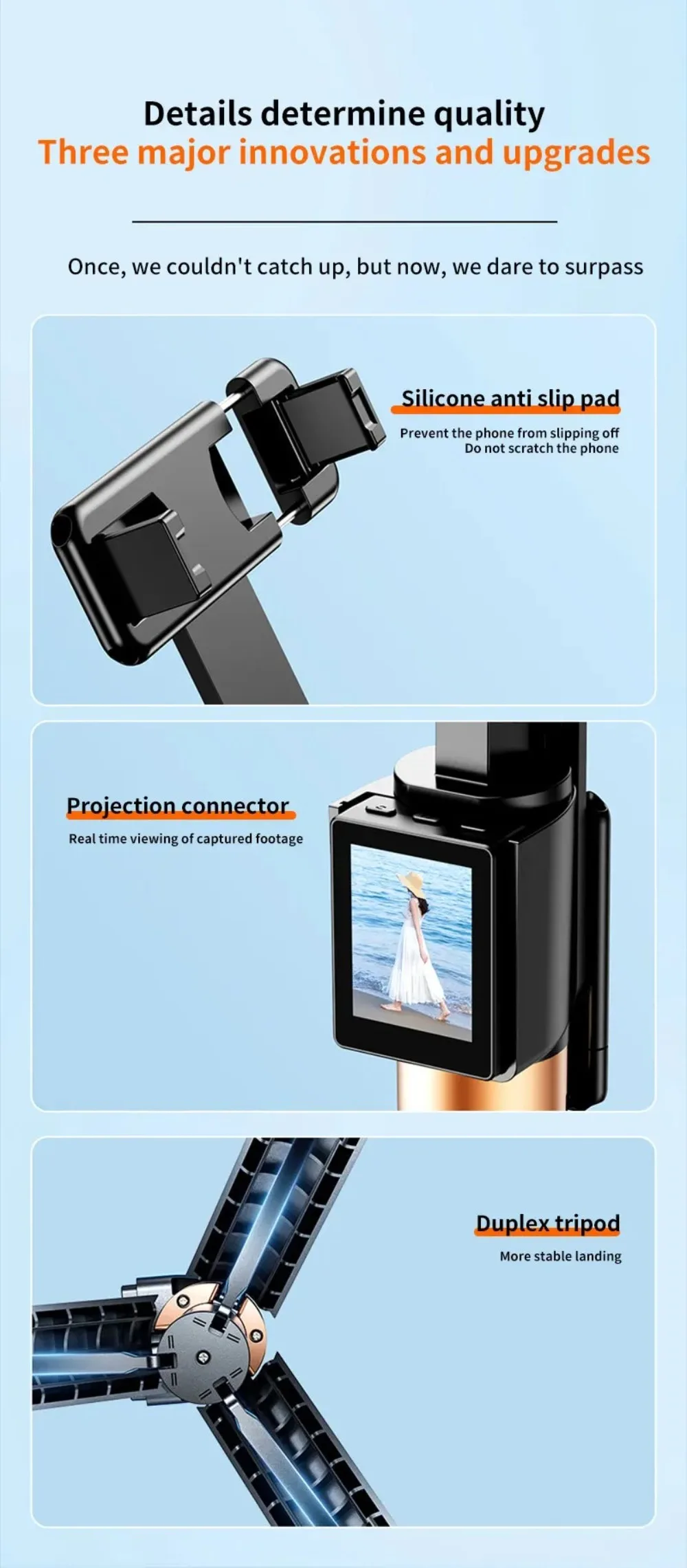 Treppiede portatile estensibile, design leggero, base stabile, bastone per selfie, rotazione a 360°, altezza regolabile, telecomando._voghion.com