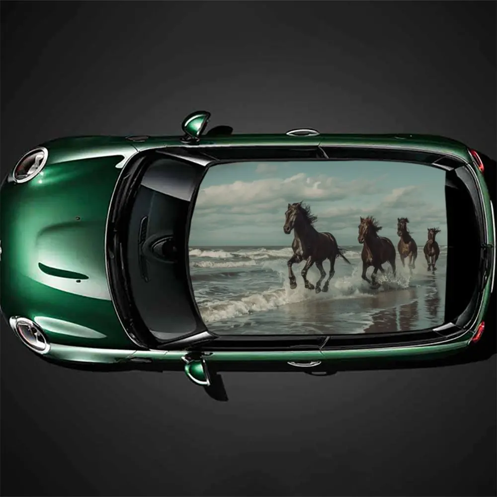 Beach Sea Wave Horse Print Car Roof Sticker Wrap Racing SUV Auto Accessories Packaging PVC Car Hood Graphic Decal Decoration