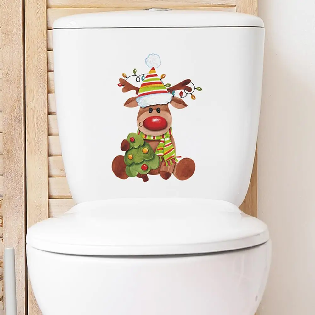 Christmas Toilet Sticker Cute Elk Removable Toilet Decals Vibrant Colors Strong Adhesion Wall Decak For Kids Bedroom/Bathroom