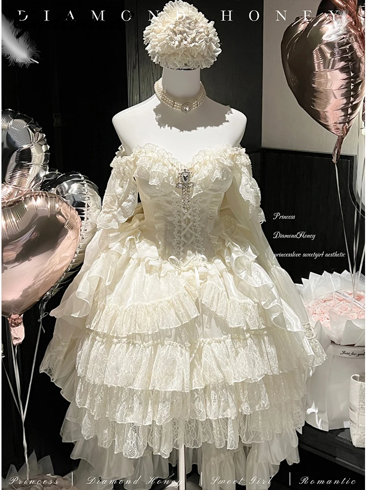 Romantic Lolita Princess Long Sleeve Op Dress Girls Women Sweet Bow Lolita Lace Cake Dress Slim Fairy Party Birthday Dresses