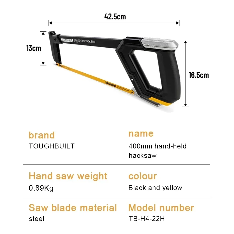 TOUGHBUILT TB-H4-22H High Tension Hacksaw 400mm Hand-held Hacksaw Tension 12-in Utility Ripping Hack Saw