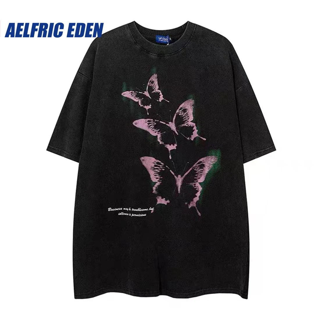 

Aelfric Eden Washed Butterfly Graphic Tee Harajuku Retro Streetwear Hip Hop Butterfly Tshirts Casual Cotton Summer Short Sleeve