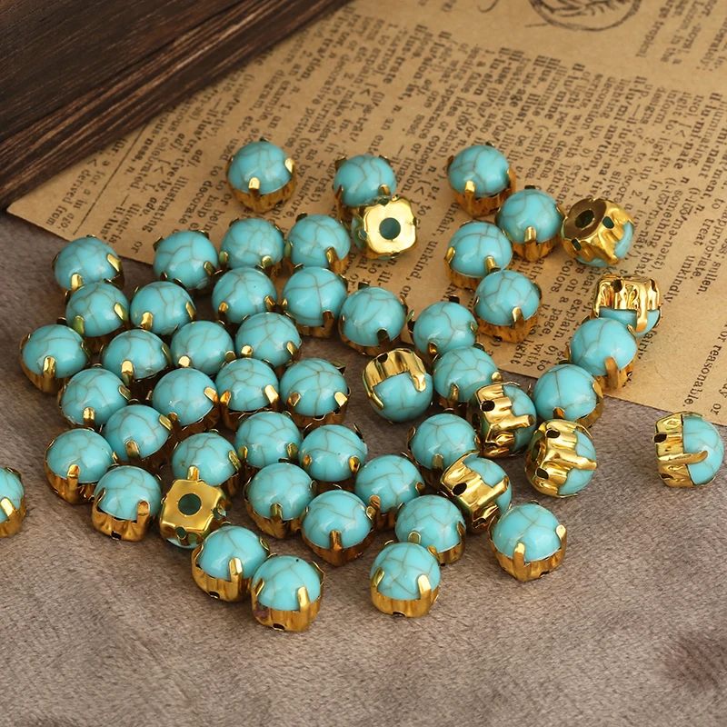 RESEN  50pcs Sew On Turquoise Stone Gold Claw Base Drop/Oval/Round Shape Acrylic Turquoise Rhinestone for DIY Sewing Accessories